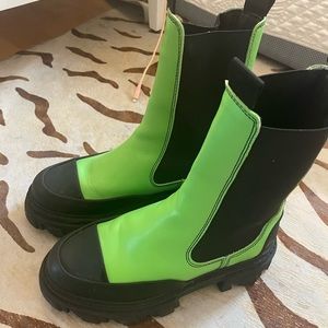 Ganni neon green lug boots